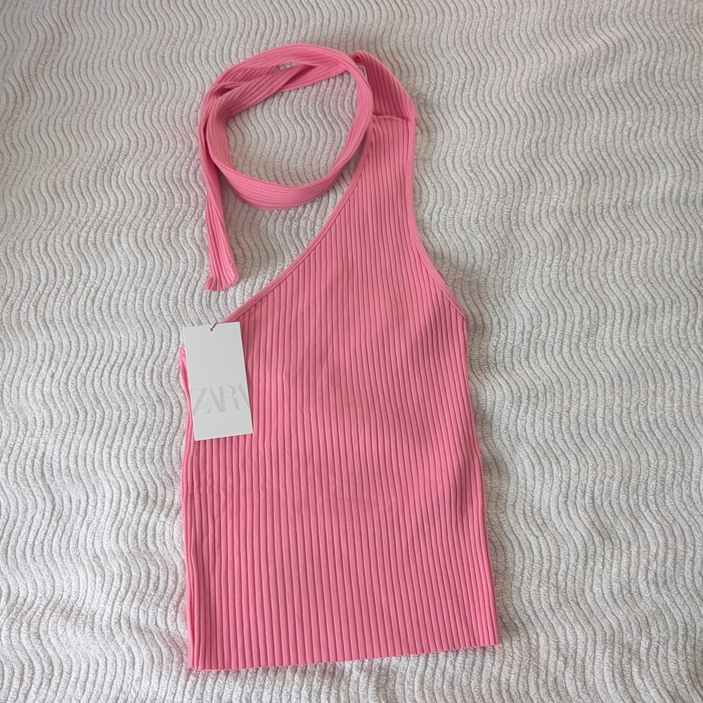 Zara Pink Ribbed One-Shoulder Asymmetrical Scarf Top